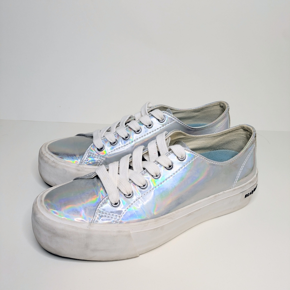 Silver Holographic Platform Sneakers Tennis Shoes SEAVEES women's 8.5 - Picture 3 of 8